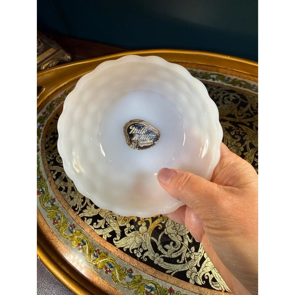 Vintage‎ Milk Glass Bowl with Label | Mid Century Scalloped White Dish 4.5